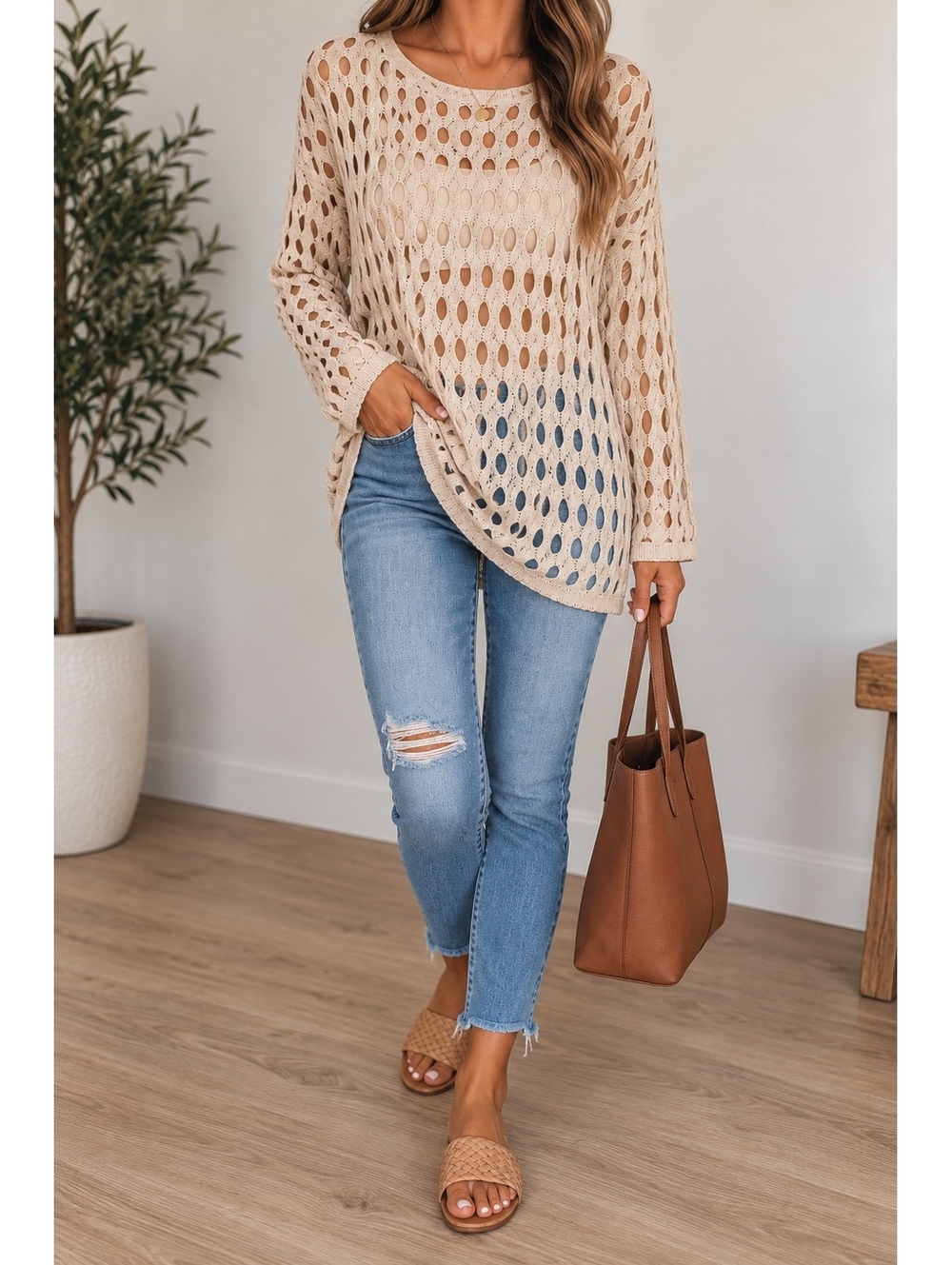 Cristina Gavioli Open Knit Crochet Sweater Beige Cream Oversized Boho Tunic